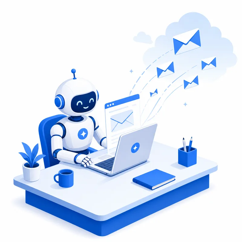 TapWriterのAIメルマガ自律配信のイメージイラスト。AIロボットがメールを毎日自動配信する様子