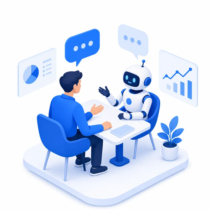 STEP1 AIと壁打ち。人とAIロボットが対話する様子のイラスト