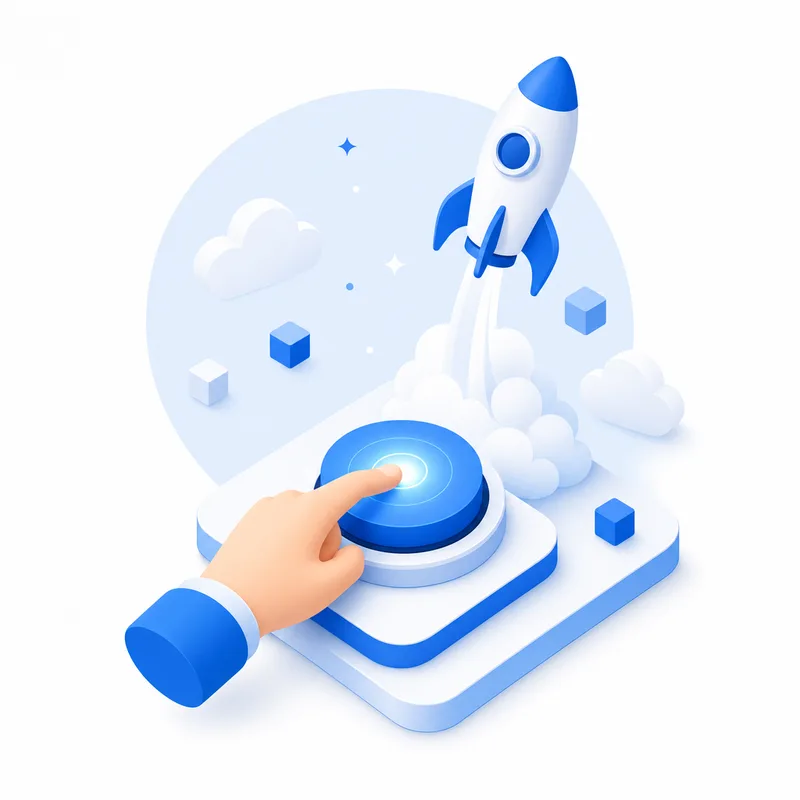STEP3 ボタン1つで開始。スタートボタンを押してロケットが飛び立つイラスト