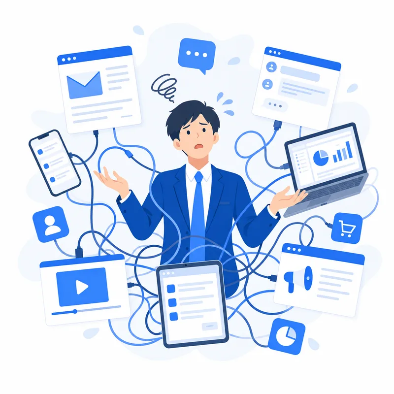 バラバラのツール管理に混乱するビジネスパーソンのイラスト